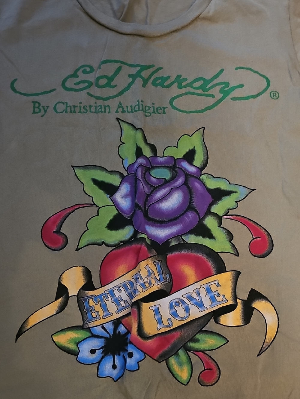 Ed Hardy Olive Tee with Purple Rose and Red Heart Graphic - Picture 2 of 7